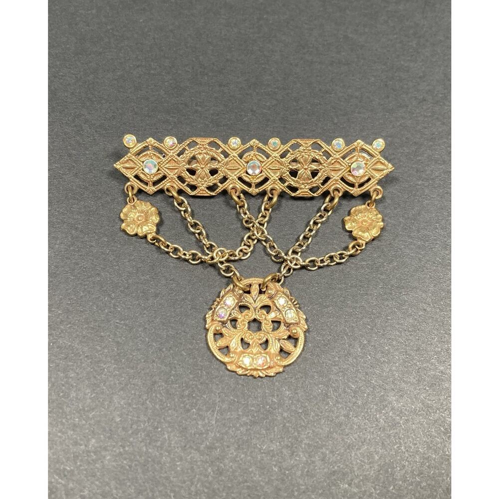 Vintage Victorian Revival Brass Tone Dangle Chain Brooch Rhinestones Festoon